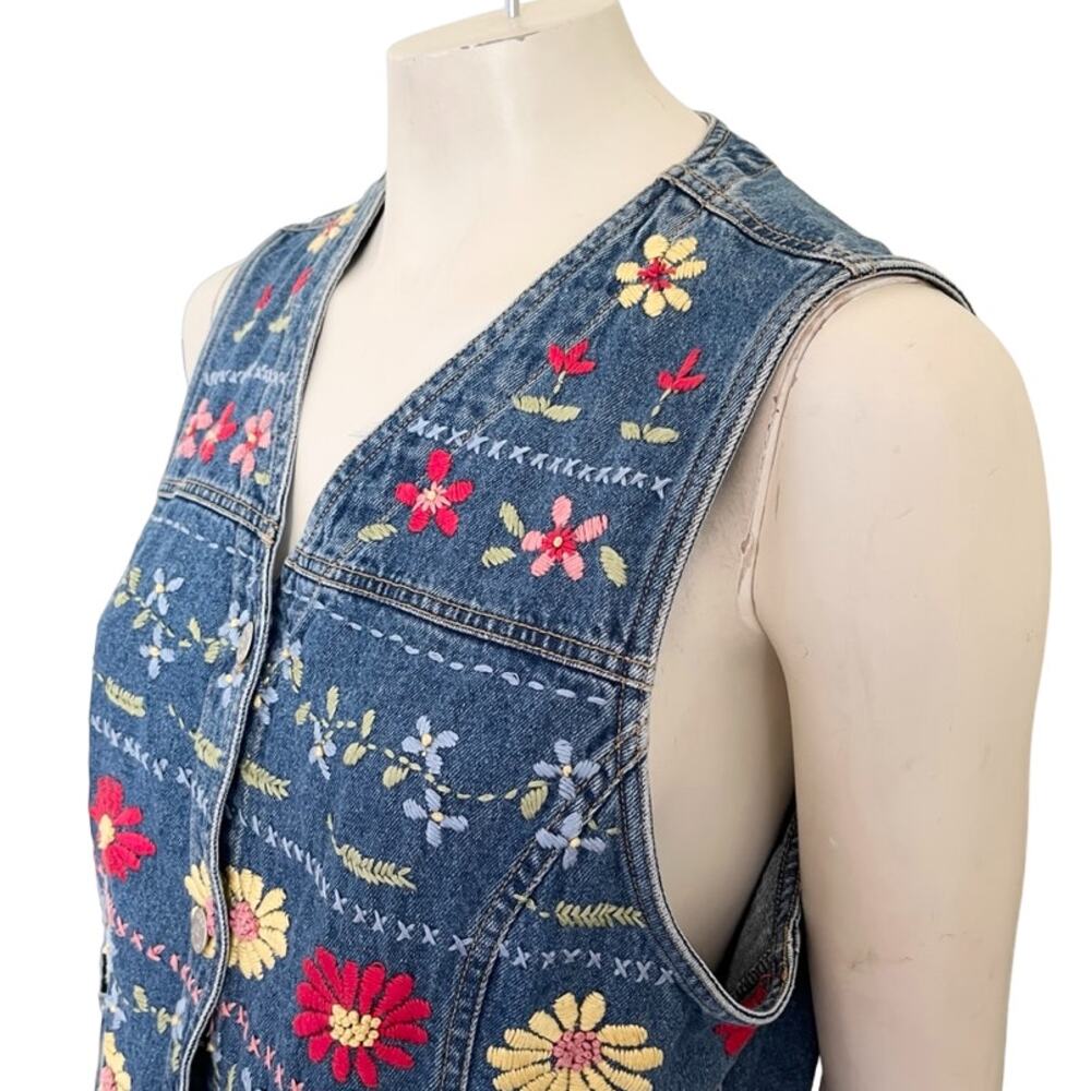 VTG SUSAN BRISTOL Floral Embroidered Denim Vest  Hippie Boho Festival  SZ L - Picture 5 of 13